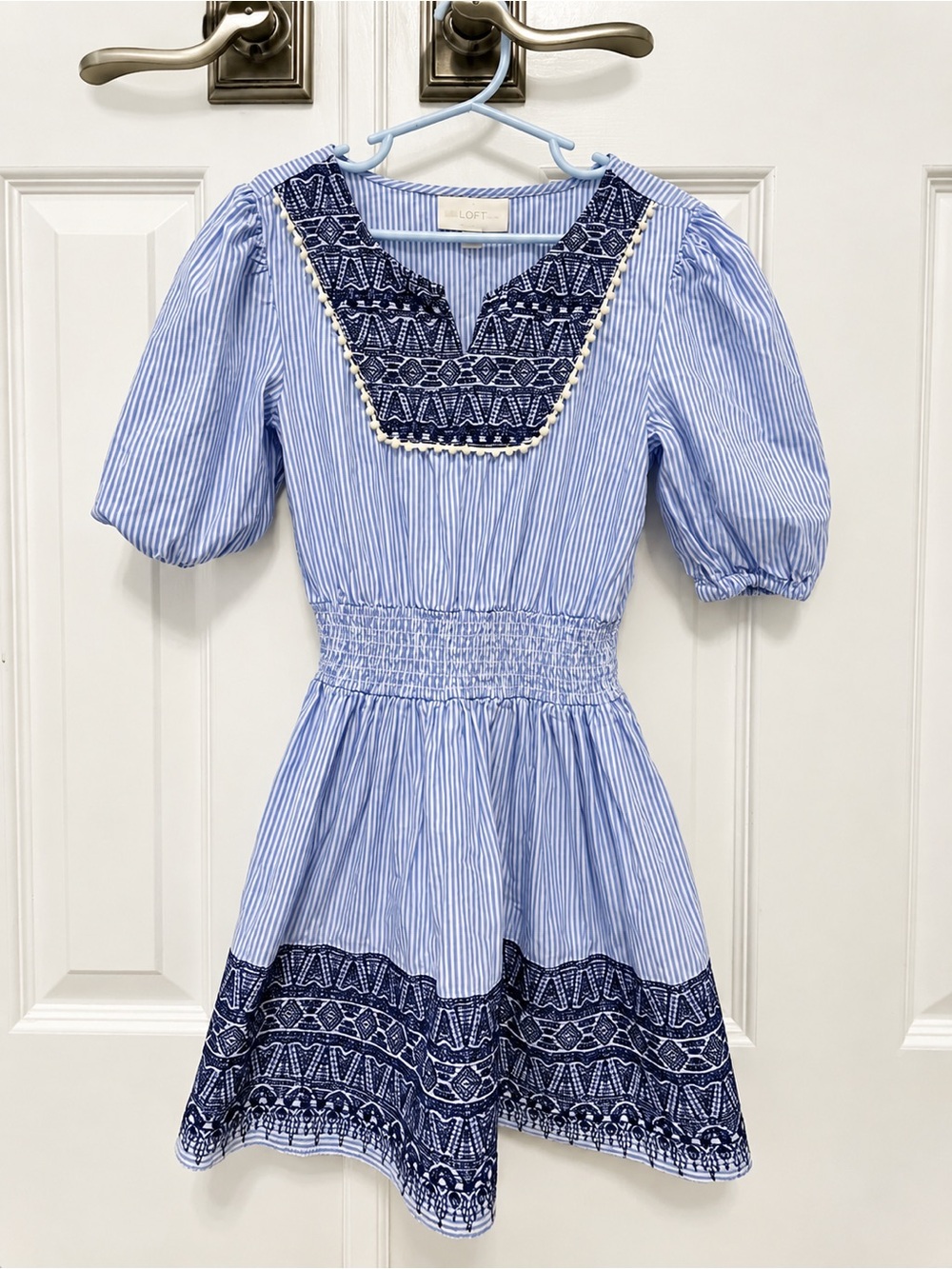 BCBGirls Blue & White Striped Embroidered Cotton Dress